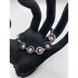 Hematite Beaded Bracelet Gemstone  Beaded‎ Barrel Clasp Bracelets 7" Black Pink